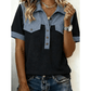 Lacole Black Waffle Knit Denim Color Block Patchwork Button Flap Polo Top