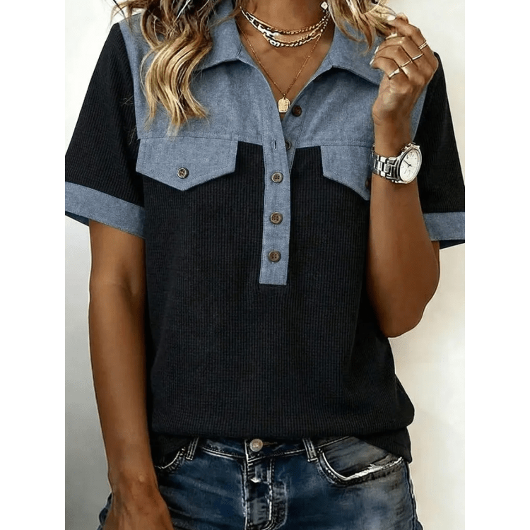 Lacole Black Waffle Knit Denim Color Block Patchwork Button Flap Polo Top