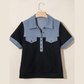 Lacole Black Waffle Knit Denim Color Block Patchwork Button Flap Polo Top