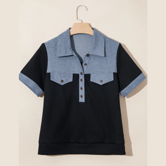 Lacole Black Waffle Knit Denim Color Block Patchwork Button Flap Polo Top