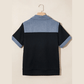 Lacole Black Waffle Knit Denim Color Block Patchwork Button Flap Polo Top