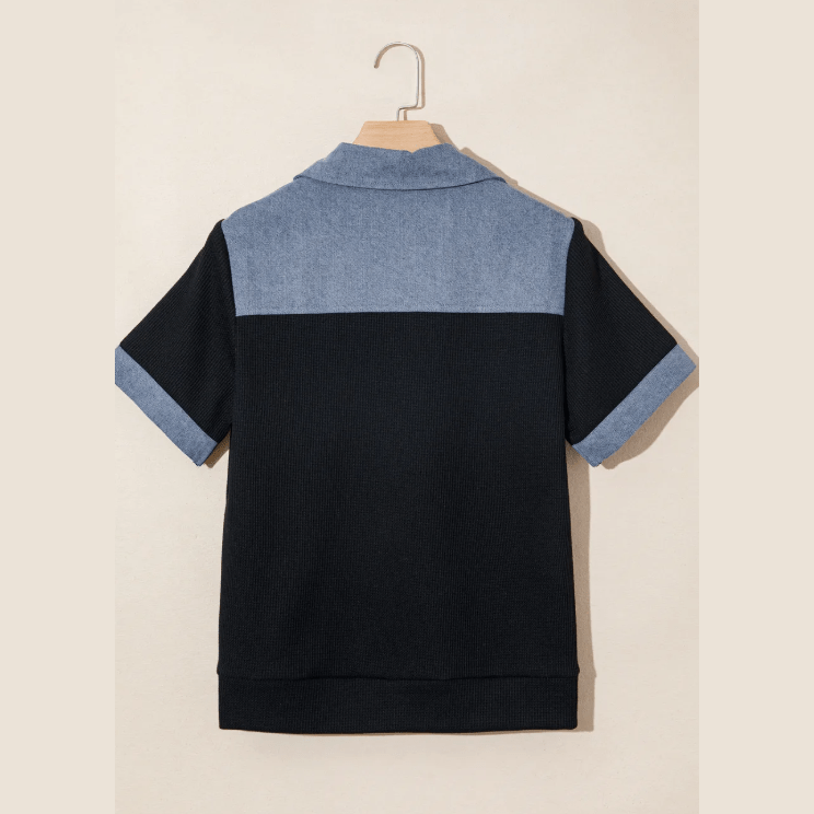 Lacole Black Waffle Knit Denim Color Block Patchwork Button Flap Polo Top