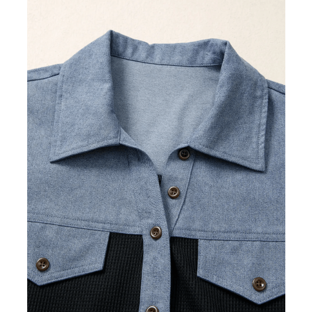 Lacole Black Waffle Knit Denim Color Block Patchwork Button Flap Polo Top