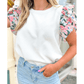 Tansy White Abstract Print Tiered Ruffled Sleeve Textured Knit Top