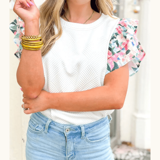 Tansy White Abstract Print Tiered Ruffled Sleeve Textured Knit Top