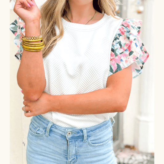 Tansy White Abstract Print Tiered Ruffled Sleeve Textured Knit Top
