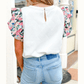 Tansy White Abstract Print Tiered Ruffled Sleeve Textured Knit Top