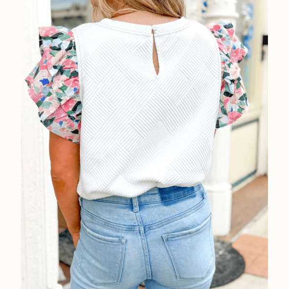 Tansy White Abstract Print Tiered Ruffled Sleeve Textured Knit Top