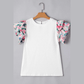 Tansy White Abstract Print Tiered Ruffled Sleeve Textured Knit Top