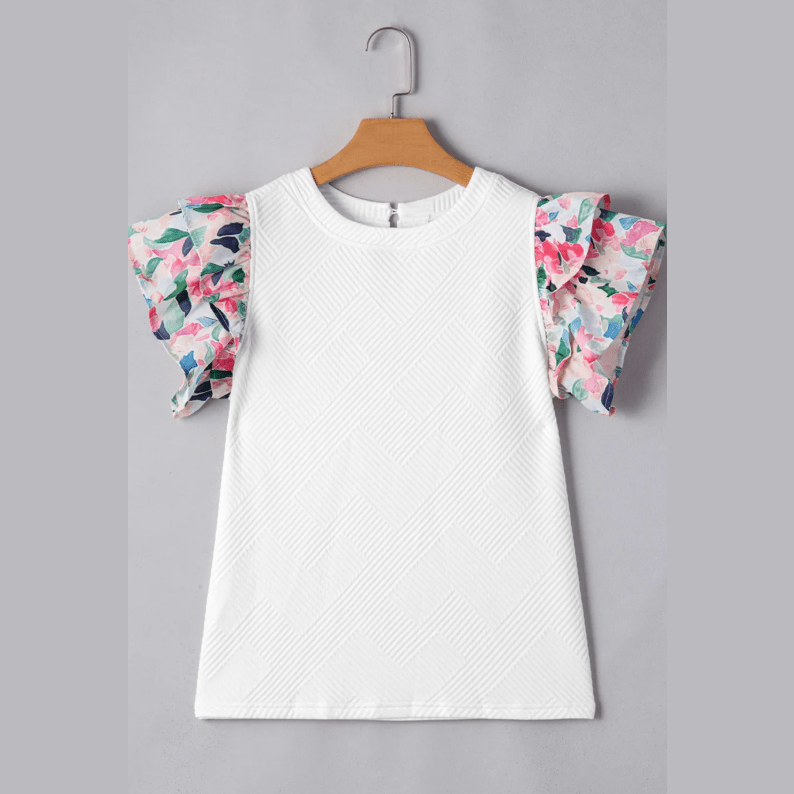 Tansy White Abstract Print Tiered Ruffled Sleeve Textured Knit Top