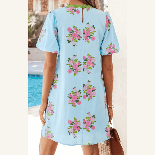 Emryn Sky Blue Floral Printed Contrast Ricrac Detail Bubble Sleeve Dress