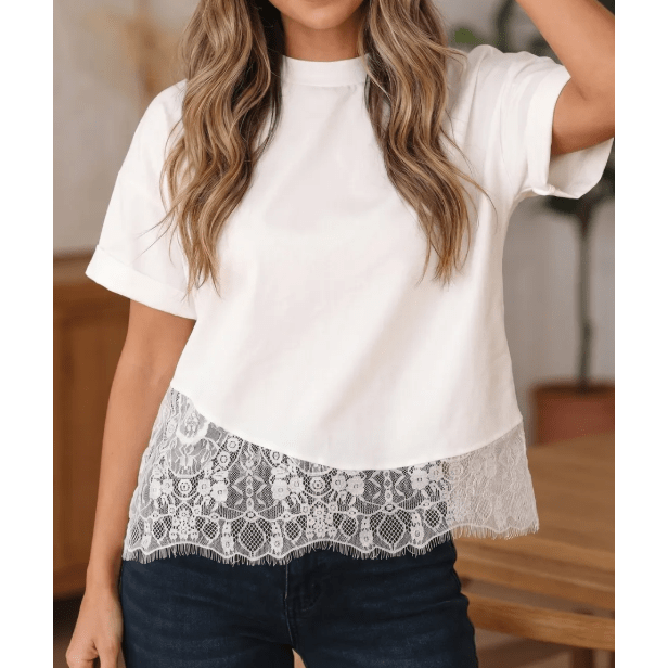 Marney White Asymmetric Lace Hem Patchwork Tee