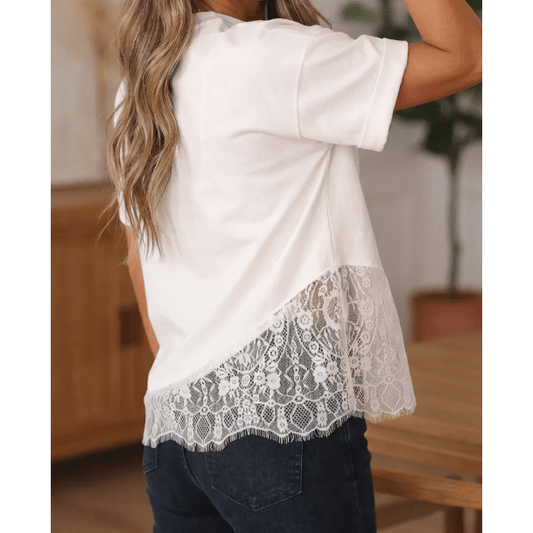 Marney White Asymmetric Lace Hem Patchwork Tee
