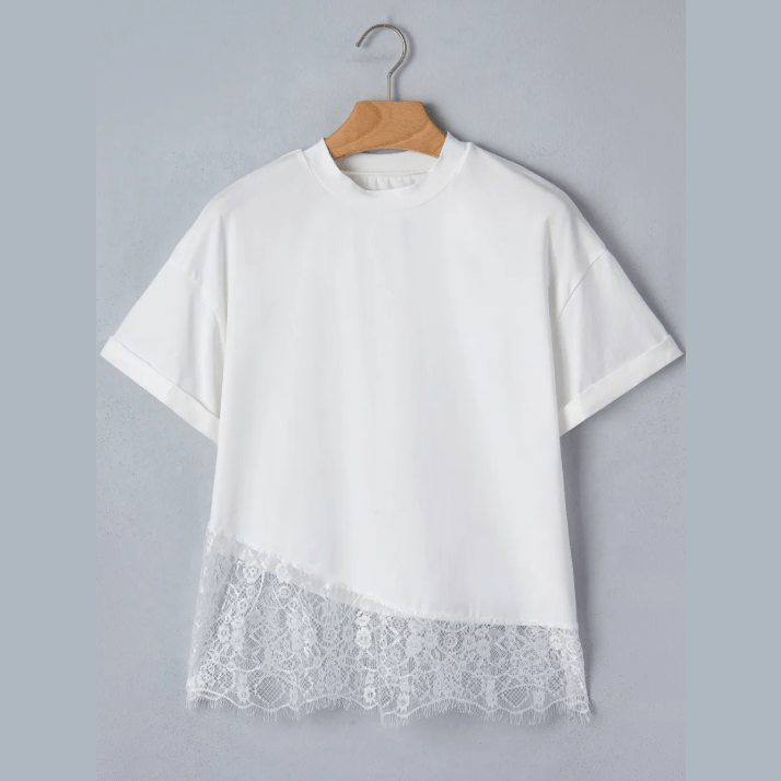 Marney White Asymmetric Lace Hem Patchwork Tee