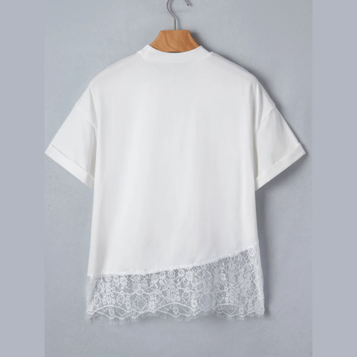 Marney White Asymmetric Lace Hem Patchwork Tee