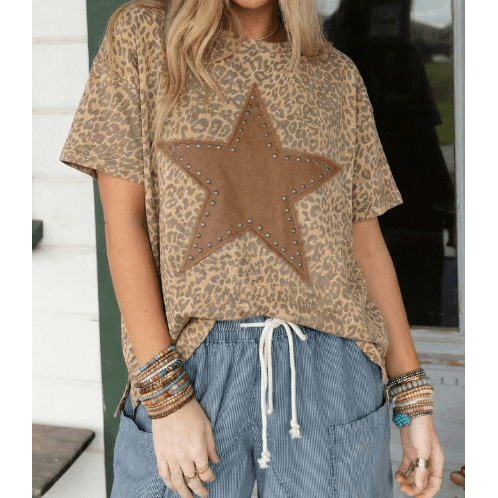 Soph Khaki Leopard Retro Studded Star Patch Loose Tee