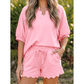 Chesli Pink Scalloped V Neck Dolman Oversize Top Drawstring Short Set