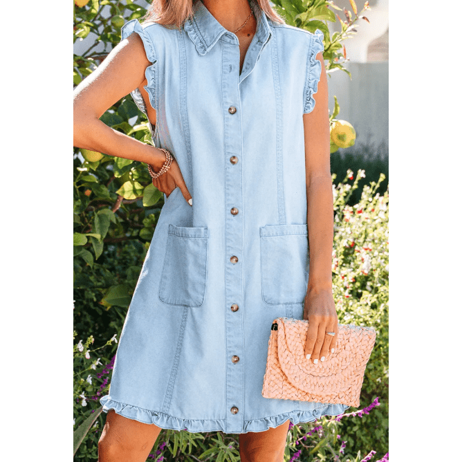Kadie Beau Blue Ruffled Edge Collared Shift Denim Dress with Pockets