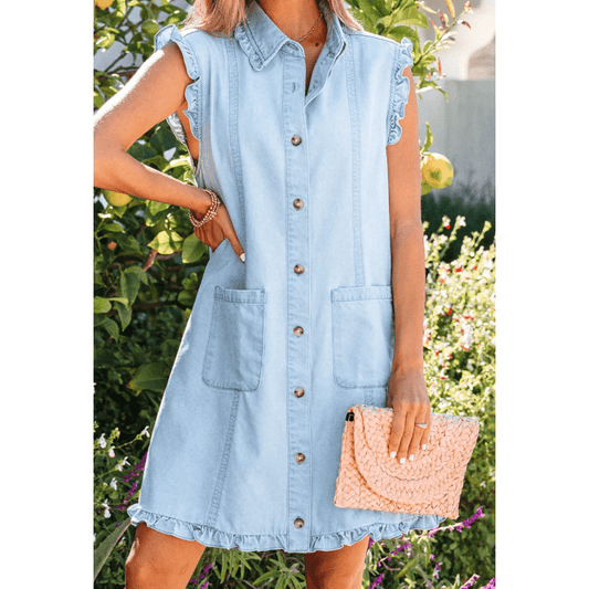 Kadie Beau Blue Ruffled Edge Collared Shift Denim Dress with Pockets