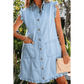 Kadie Beau Blue Ruffled Edge Collared Shift Denim Dress with Pockets