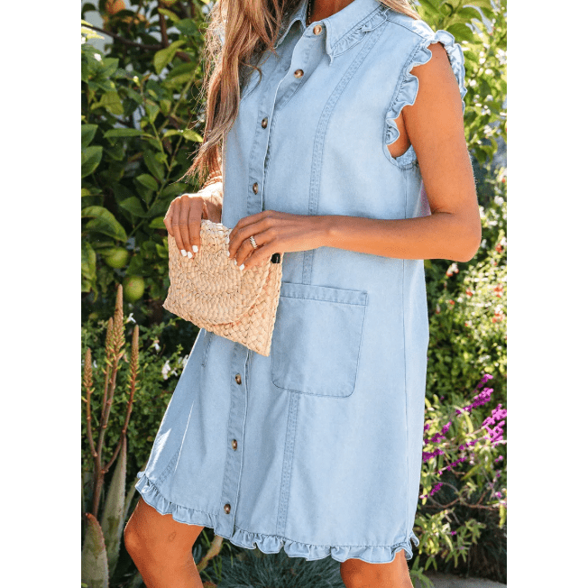 Kadie Beau Blue Ruffled Edge Collared Shift Denim Dress with Pockets
