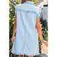 Kadie Beau Blue Ruffled Edge Collared Shift Denim Dress with Pockets