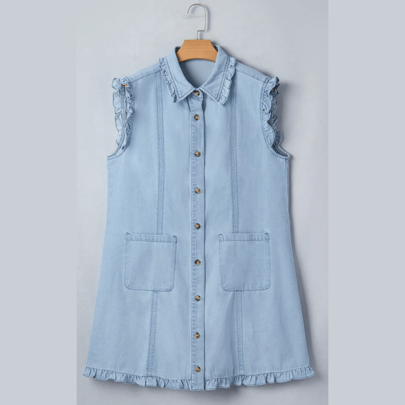 Kadie Beau Blue Ruffled Edge Collared Shift Denim Dress with Pockets