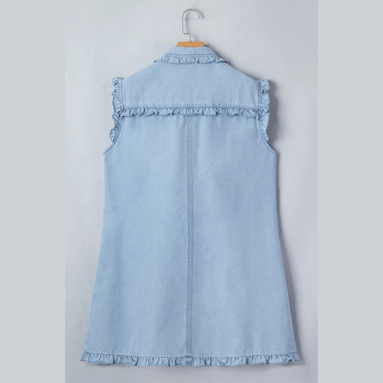 Kadie Beau Blue Ruffled Edge Collared Shift Denim Dress with Pockets