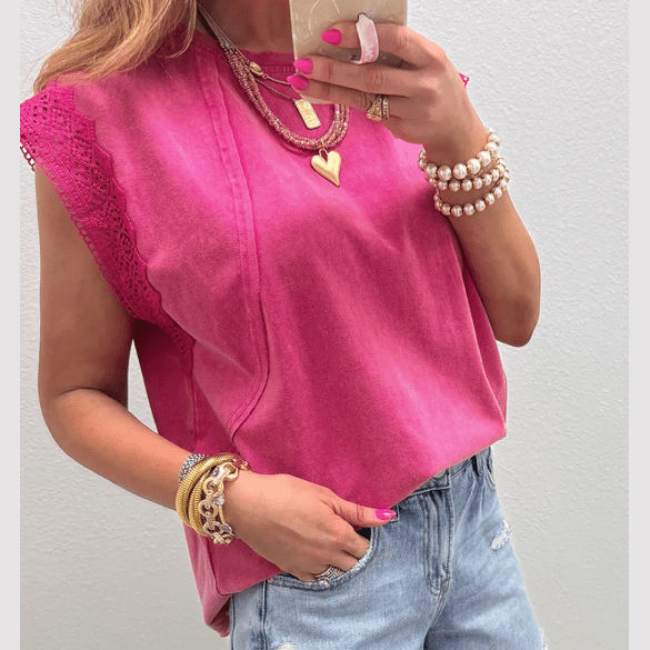 Taylah Pink Mineral Wash Raw Seam Detail Lace Trim Cap Sleeve Top