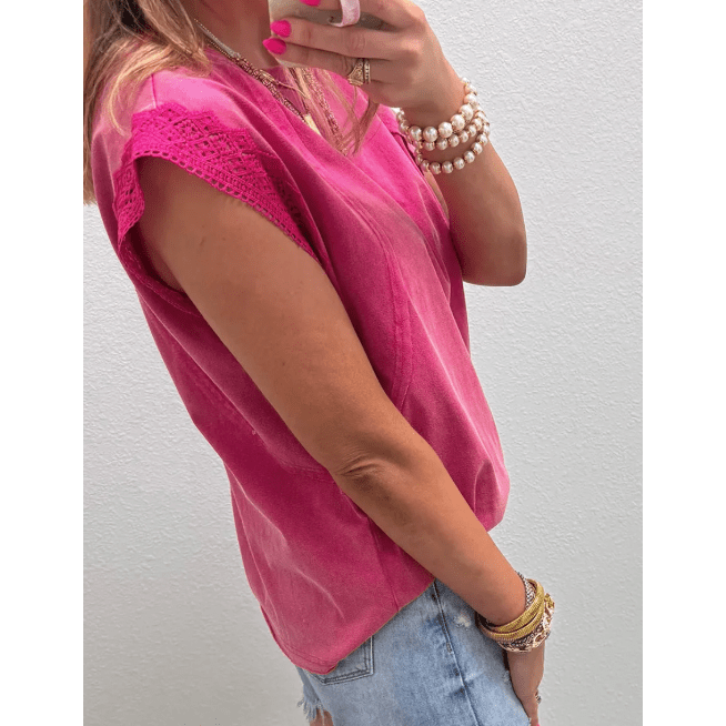Taylah Pink Mineral Wash Raw Seam Detail Lace Trim Cap Sleeve Top