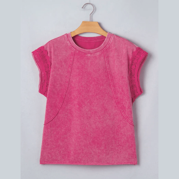 Taylah Pink Mineral Wash Raw Seam Detail Lace Trim Cap Sleeve Top