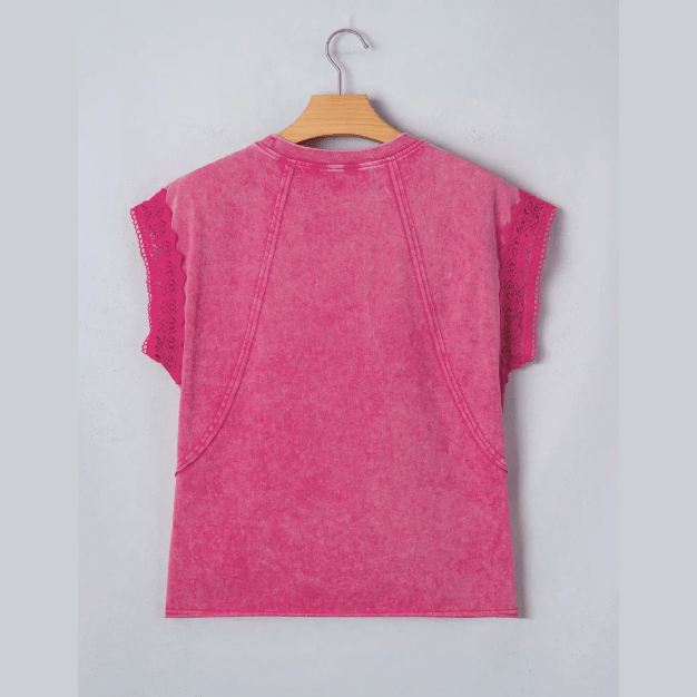Taylah Pink Mineral Wash Raw Seam Detail Lace Trim Cap Sleeve Top