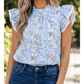 Lulla Sky Blue Abstract Print High Neck Flutter Sleeves Top