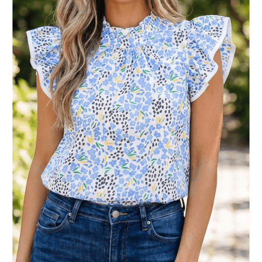 Lulla Sky Blue Abstract Print High Neck Flutter Sleeves Top