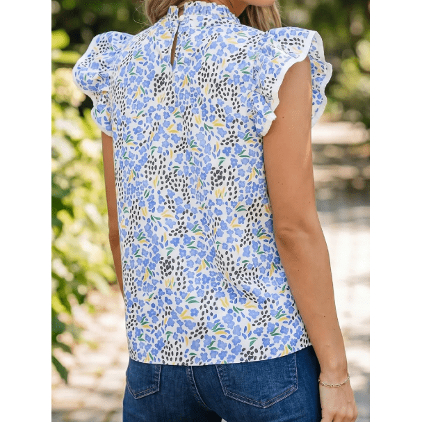 Lulla Sky Blue Abstract Print High Neck Flutter Sleeves Top