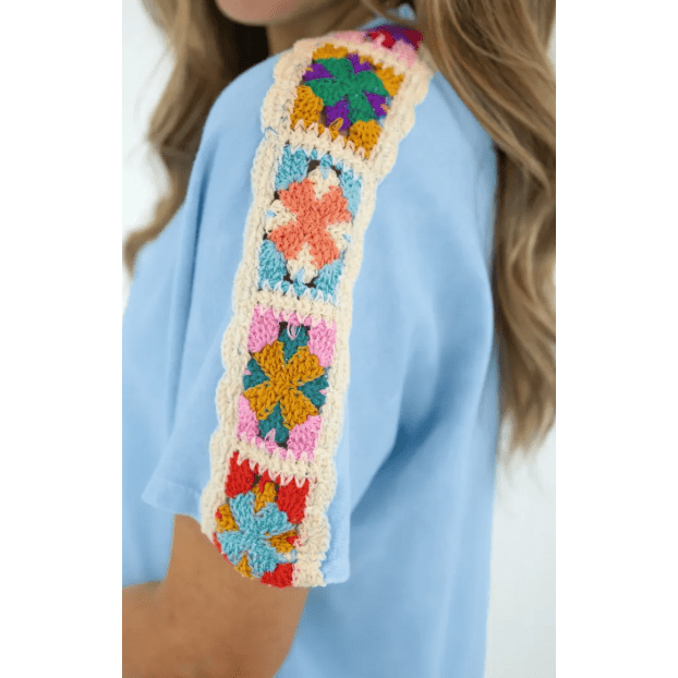 Paulie Mist Blue Granny Square Crochet Detail Short 2pcs Set