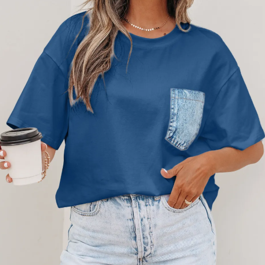 Jeanann Blue Color Block Chest Pocket Patched Casual Short Sleeve Top