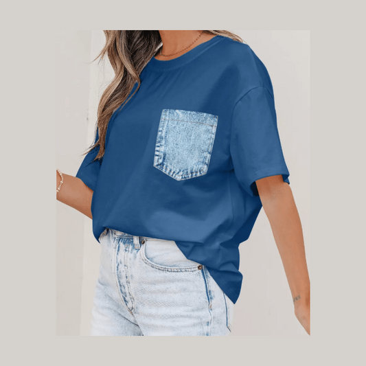 Jeanann Blue Color Block Chest Pocket Patched Casual Short Sleeve Top