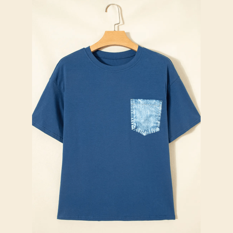 Jeanann Blue Color Block Chest Pocket Patched Casual Short Sleeve Top