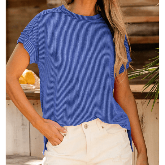 Gracie Dark Blue Textured Knit Exposed Stitching T-shirt