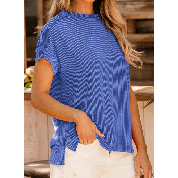 Gracie Dark Blue Textured Knit Exposed Stitching T-shirt