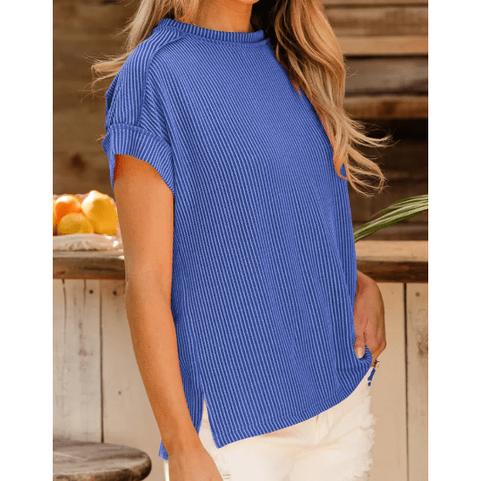 Gracie Dark Blue Textured Knit Exposed Stitching T-shirt