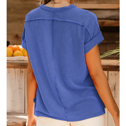 Gracie Dark Blue Textured Knit Exposed Stitching T-shirt