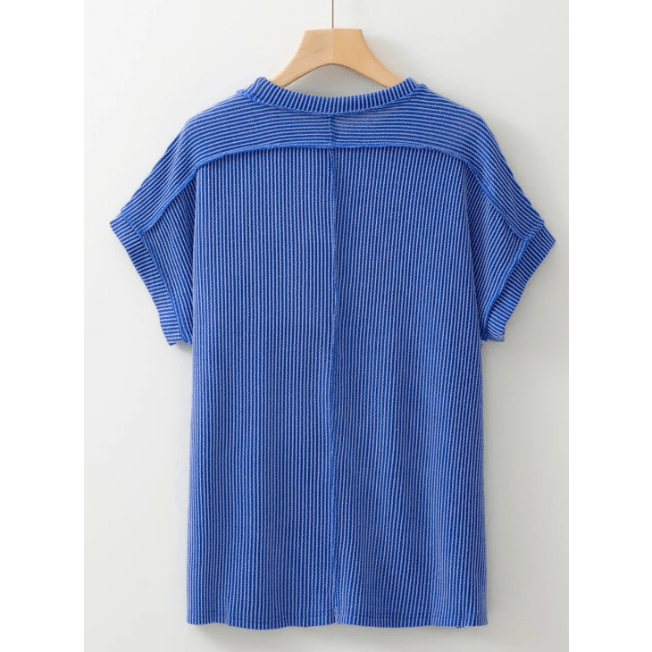 Gracie Dark Blue Textured Knit Exposed Stitching T-shirt