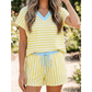 Aspen Yellow Stripe Colorblock Trim V Neck Tee Drawstring Elastic Waist Short Set