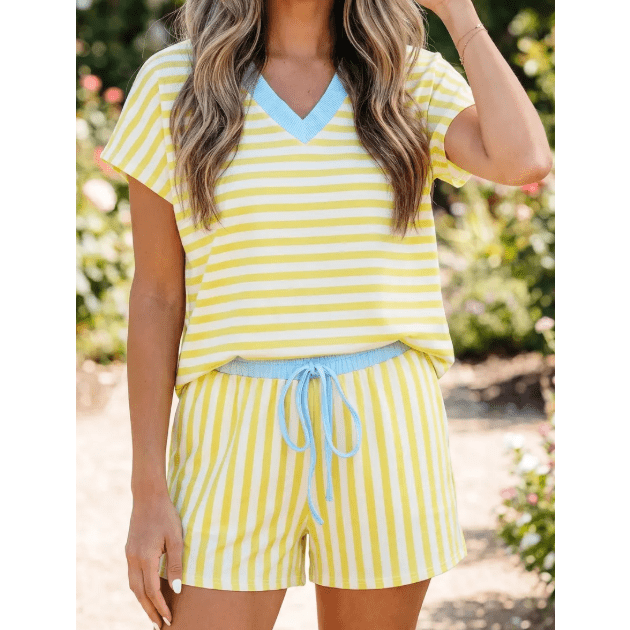 Aspen Yellow Stripe Colorblock Trim V Neck Tee Drawstring Elastic Waist Short Set
