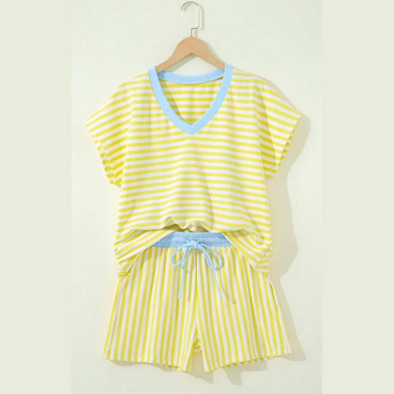 Aspen Yellow Stripe Colorblock Trim V Neck Tee Drawstring Elastic Waist Short Set