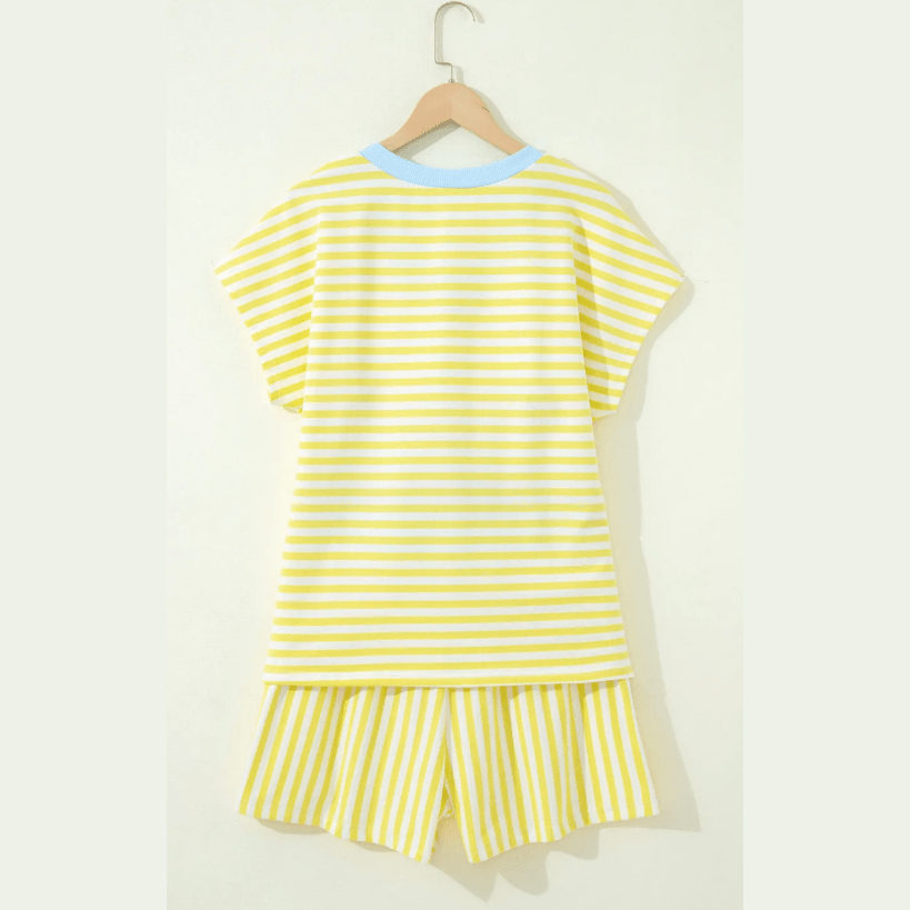 Aspen Yellow Stripe Colorblock Trim V Neck Tee Drawstring Elastic Waist Short Set