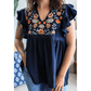 Maryanne Blue V Neck Ruffled Sleeve Floral Embroidered Detail Babydoll Blouse