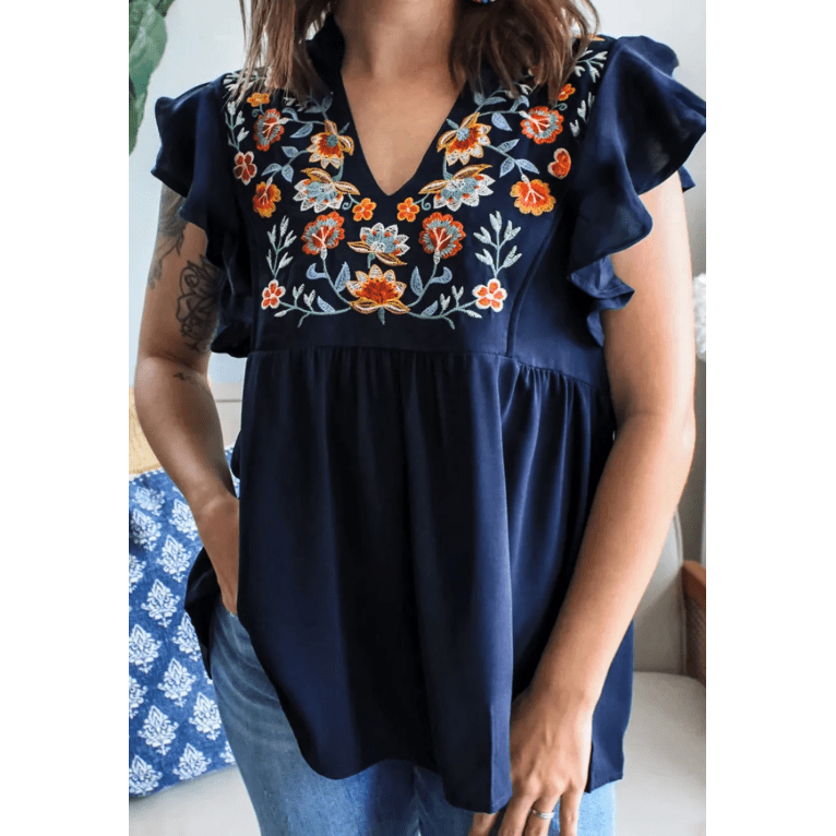 Maryanne Blue V Neck Ruffled Sleeve Floral Embroidered Detail Babydoll Blouse